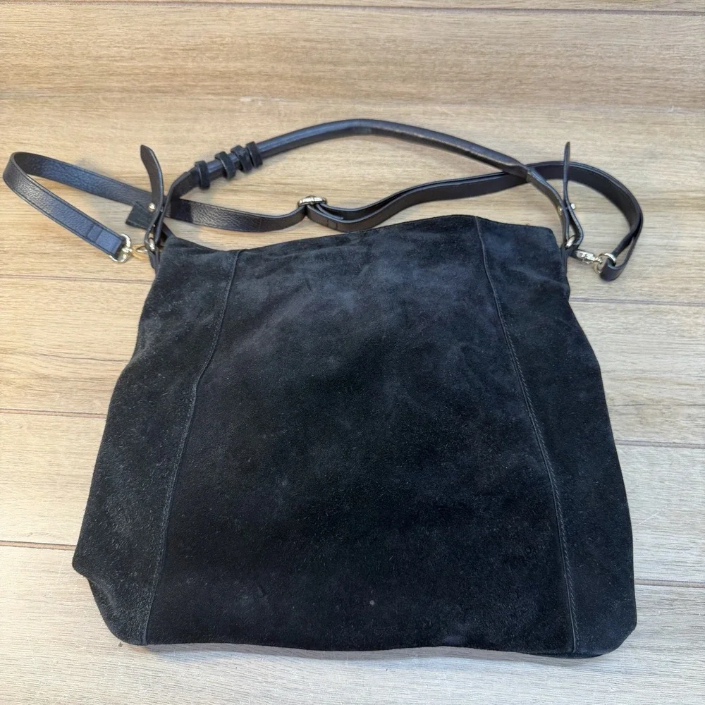 H&M Black Suede Slouchy Hobo Drawstring Shoulder Crossbody Bag Leather Boho